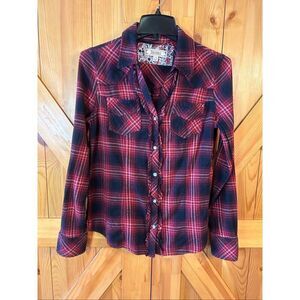 Decree Juniors Red Purple Plaid Button Up Pearl Snap Top Size Large (5478)